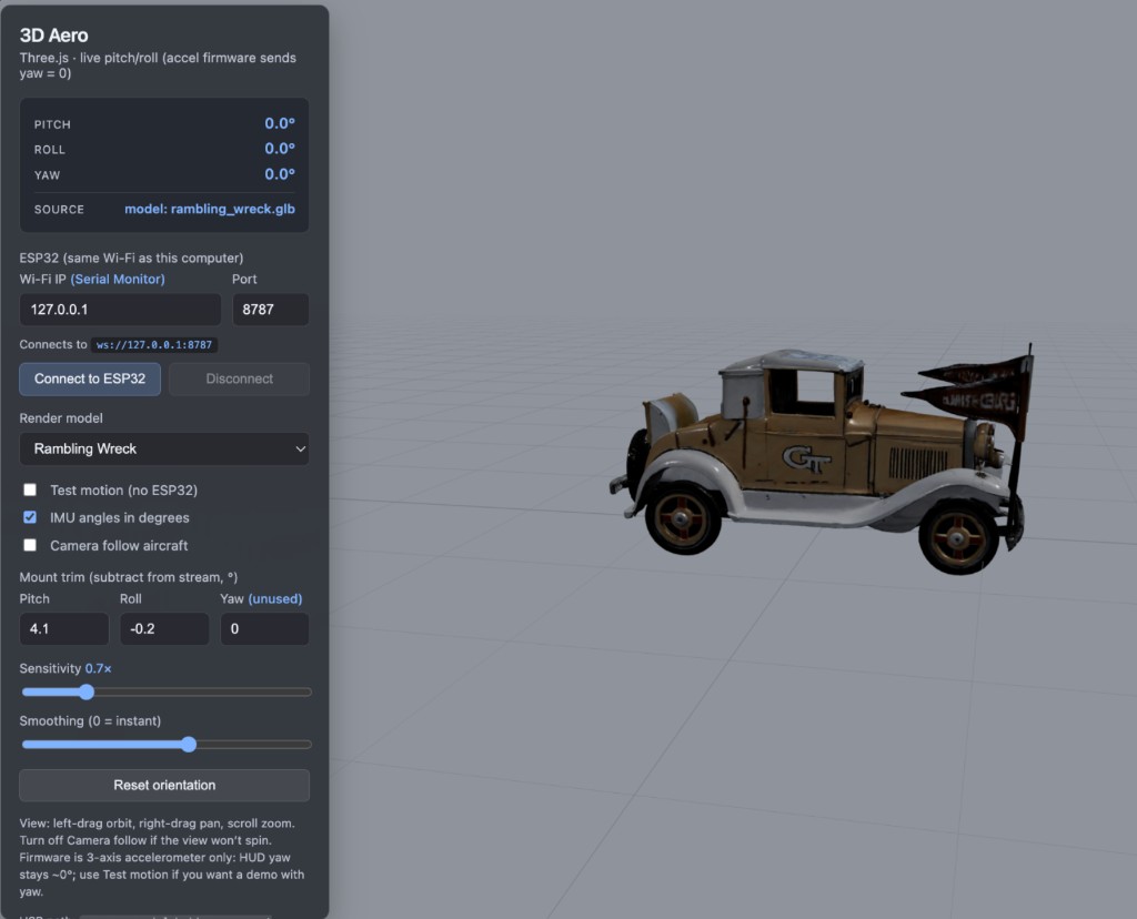 3D Aero viewer showing Ramblin' Wreck tilt from IMU data